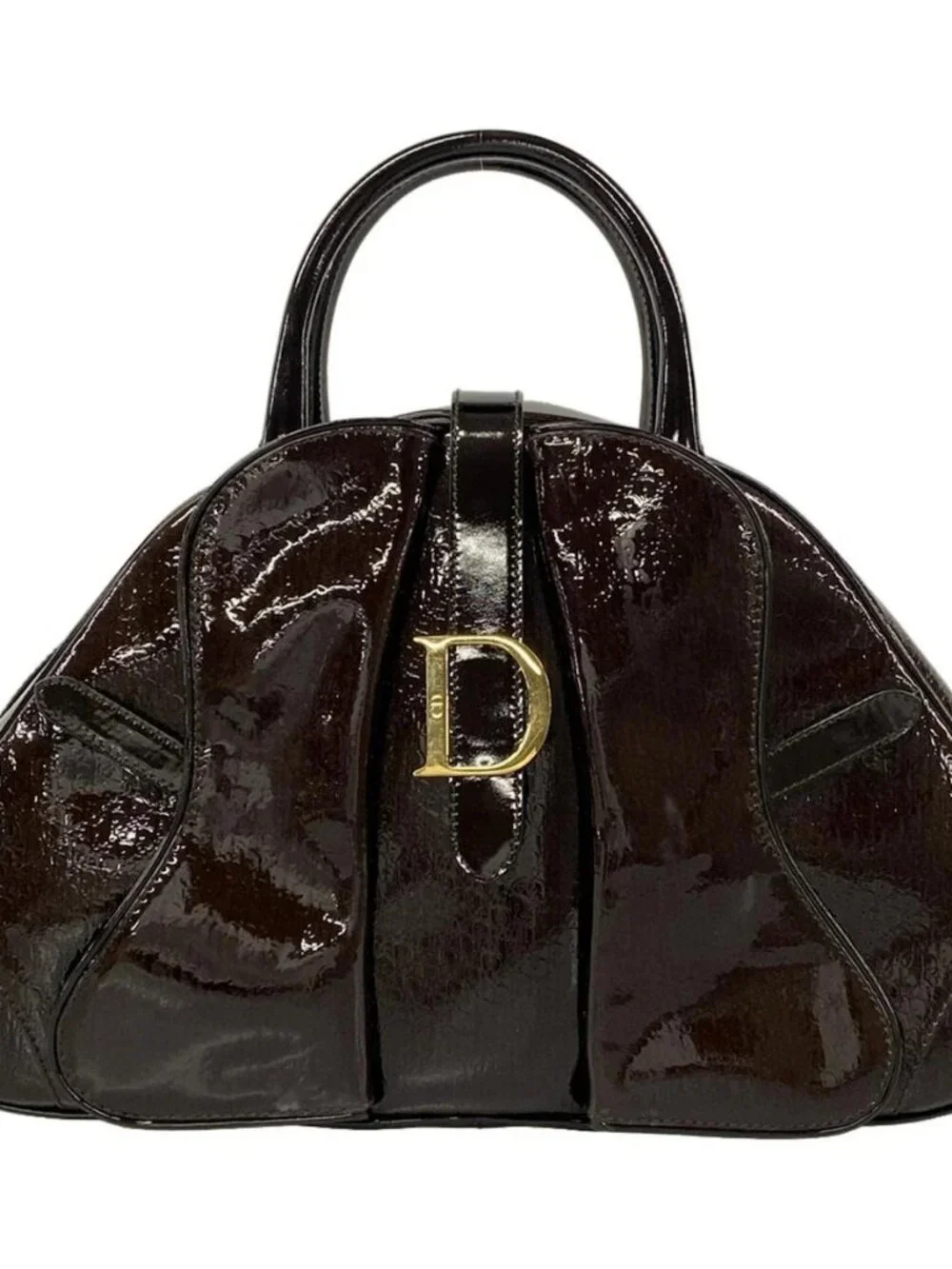 DIOR/ChristianDior Double Saddle Bag Dark Brown Patent Leather Handbag - Picture 1 of 15